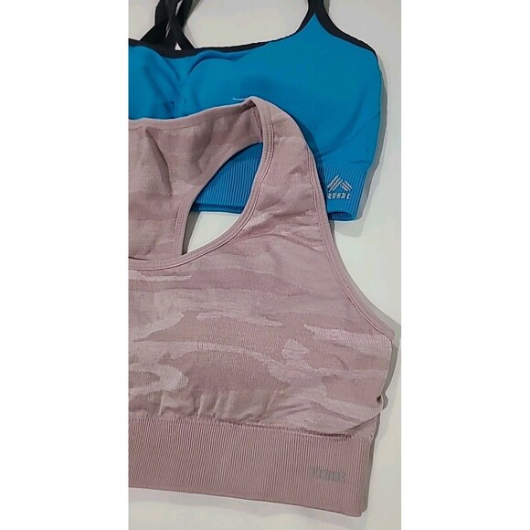 Lot 2 Reebok Strappy Mesh Stretch Sports Bras Teal Gray & Pink Mauve Camo Size L - Picture 2 of 10